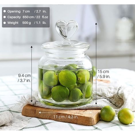 Bocaux de rangement JeiibrZui avec couvercles - 650 ml - Lot de 2 - Poignée en forme de cœur - Verre hermétique - Idéal pour les bonbons et l'organisation de la cuisine (1/5)