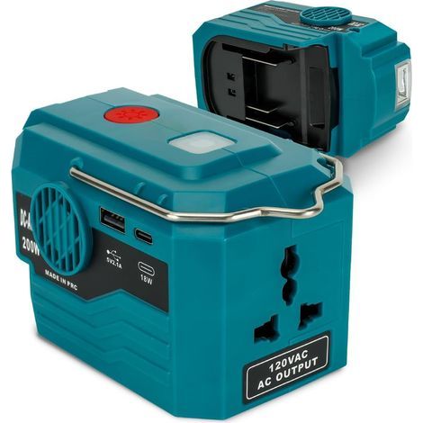 200-W-Wechselrichter für Makita 18-V-Akkus – 18 V Gleichstrom auf 110–120 V Wechselstrom – 1 USB-Anschluss, 1 USB-C-Anschluss – 280 lm LED-Leuchte für Camping (1/5)