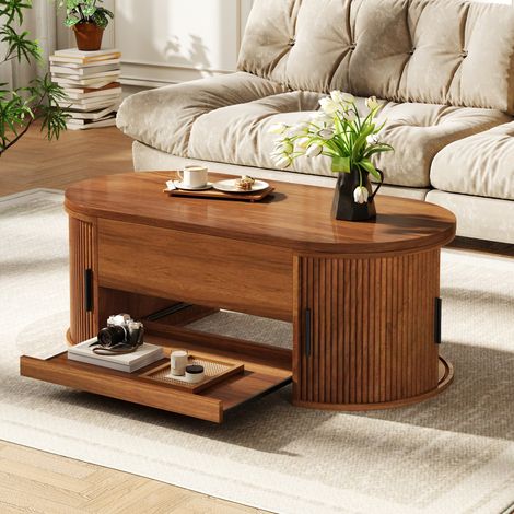 Table basse 110x55x55 cm réglable en hauteur, avec espace de rangement dissimulé et porte latérale coulissante, couleur noyer (1/5)