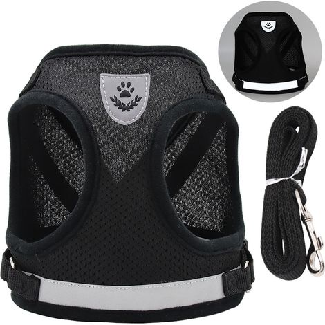Reflektierendes, verstellbares und atmungsaktives Hundegeschirr mit Leine, 1,2 Meter (3,9 Fuß), für kleine und mittelgroße Hunde, schwarz mit reflektierenden Ösen.