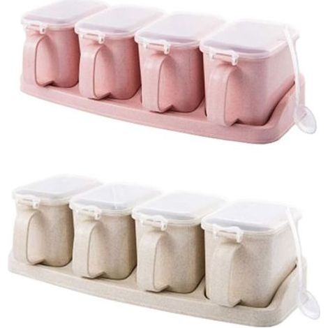 pair 2 Pièces Boîte D'assaisonnement à 4 Compartiments, Assaisonnement Box, Boîte à épices, Boîte à Condôments, Ustensiles de Cuisine, pour Sucre, épices, Sel, Poivre Poudre(Beige, Rose)-Fei Yu (1/5)
