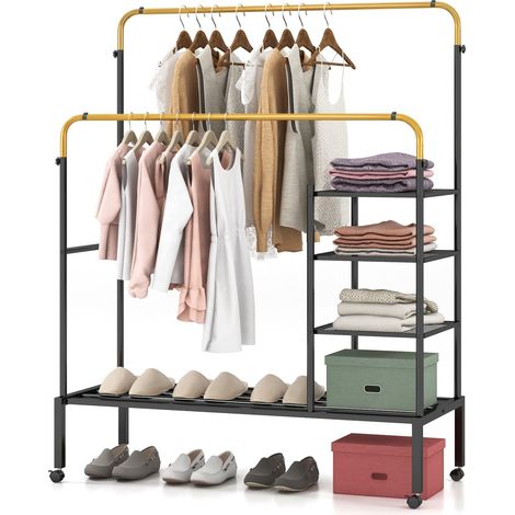Rolling Clothes Drying Rack Adjustable Double Rods Garment Rack-Golden (1/5)