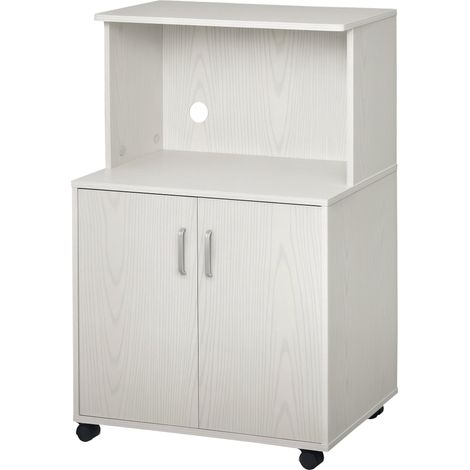 Desserte roulante micro-ondes placard 60.4 x 40.3 x 97 cm gain rangement freins design en panneaux de particules blanc (1/5)