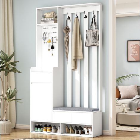 Mueble de entrada con banco, perchero de pared, panel perforado, 4 ganchos, blanco HAVRYA (1/5)