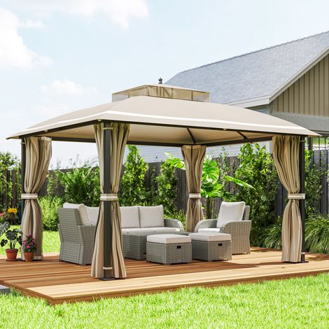 Tonnelle de jardin 3,7 x 3 m avec moustiquaire, auvents latéraux et double toit, beige (1/5)