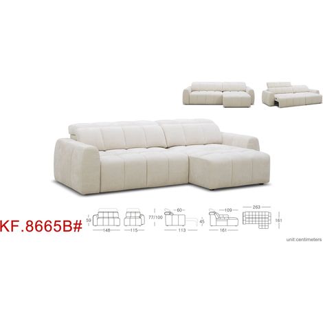 Deco In Paris – Canapé d'angle relax électrique en velours chiné beige – Assise motorisée – Têtières réglables – Méridienne confortable