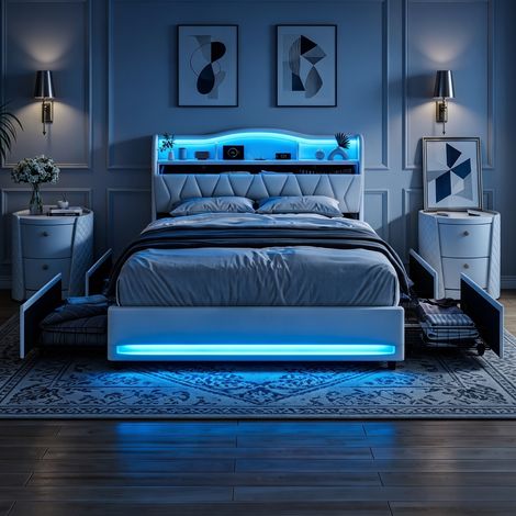 JOOKGBD-Polsterbett 140x200cm,Doppelbett mit 4 herausnehmbaren Schubladen,LED-Beleuchtung,USB-Ladestation,Kopfteil mit Staufach,Lattenrost,für Erwachsene und Jugendliche,Samt,beige (1/5)