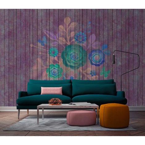 Papier peint panoramique floral & bois violet Tapisserie panoramique fleurie pour chambre adulte Papier peint panoramique idéal chambre adulte (1/3)