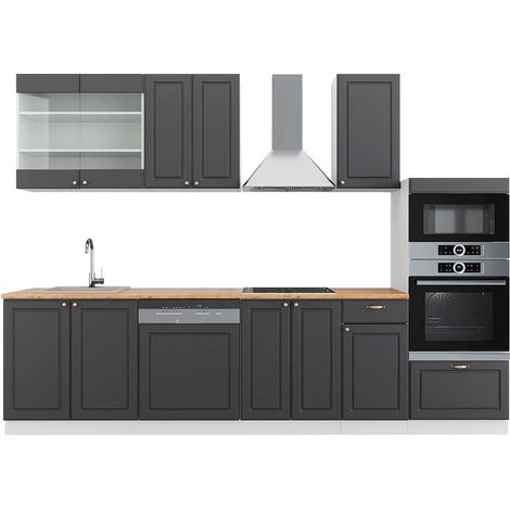 Mueble de cocina Fame-Line, Antracita-Oro/Blanco, 300 cm con armario alto, ET Roble, Vicco