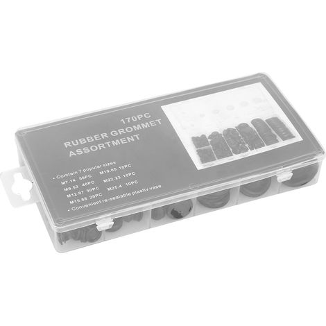 170-teiliges Set schwarzer, geschlossener Dichtungsringe für elektrische Kabel, Gummitüllen, inklusive Kunststoffbox (1/5)