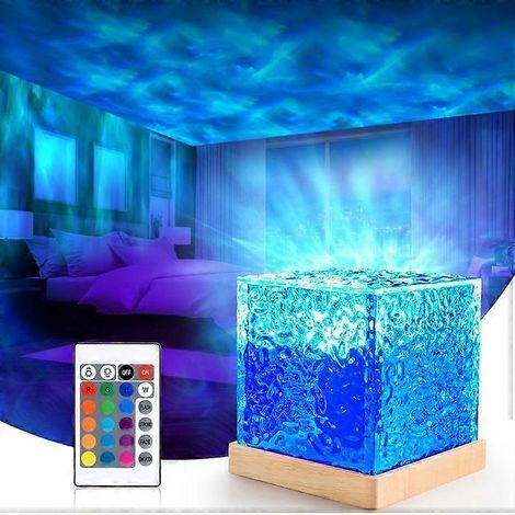Projecteur lumineux effet vagues océaniques, 16 couleurs, forme de cube avec ondulations d'eau, télécommande incluse, compatible avec les jeux (lumière océan). (1/5)