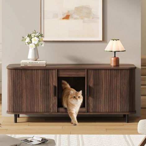 Armoire à litière pour chat aspect noyer 140 x 50 x 60 cm, portes coulissantes, adaptée pour deux bacs avec tapis de collecte de litière (1/5)