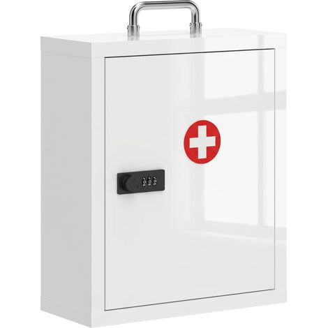 Armoire à pharmacie murale avec serrure à combinaison pliable blanche pour salon combinaison, niveaux, premiers secours verrouillable acier,