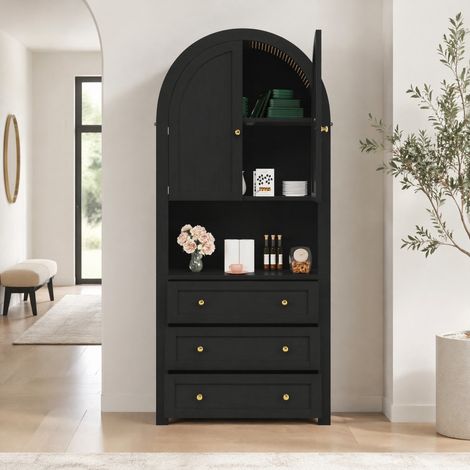 DESMIU Buffet de Rangement Haut avec 2 portes, 3 tiroirs et niche ouverte, pour cuisine et salon, noir, 70 × 35 × 180 cm (1/5)