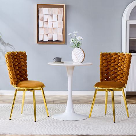 Lot de 2 chaises de salle à manger, fauteuils de salon chic et confortables, velours doux et dossier en corde tressée, pieds en métal doré, Orange (1/5)