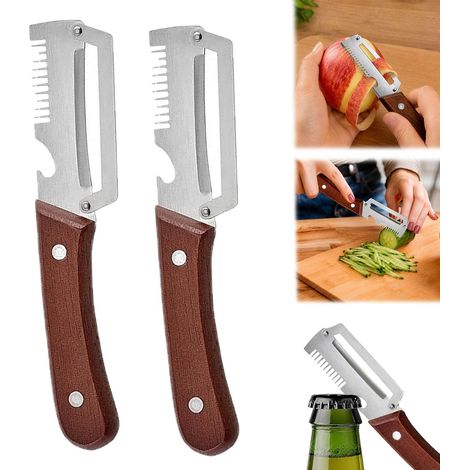 Éplucheur Multifonction 3 en 1 Acier Inoxydable Manche Bois Lot de 2 - Lame Julienne Décapsuleur pour Pommes de Terre Concombres Radis Cuisine