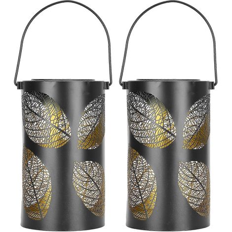 Lanterne suspendue solaire 2 pièces, fer forgé ajouré LED pour jardin, terrasse et cour - Décor noir extérieur (1/5)