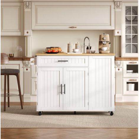 Isla de cocina 130x70x93 cm con encimera abatible, almacenamiento y ruedas con freno, MDF blanco (1/5)