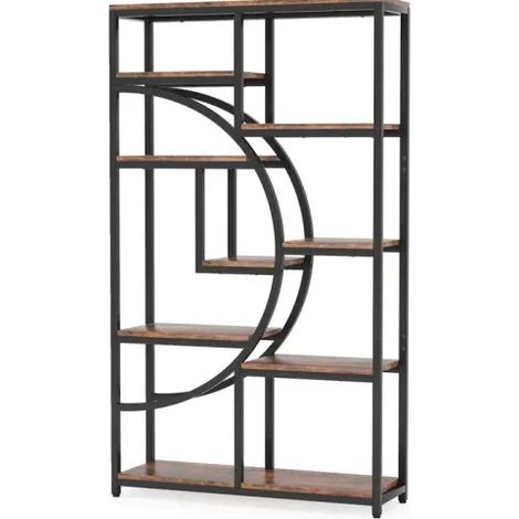 Geometrisches Standregal mit 9 Ebenen, schwarzes Metall und rustikale Holzoptik (1/5)