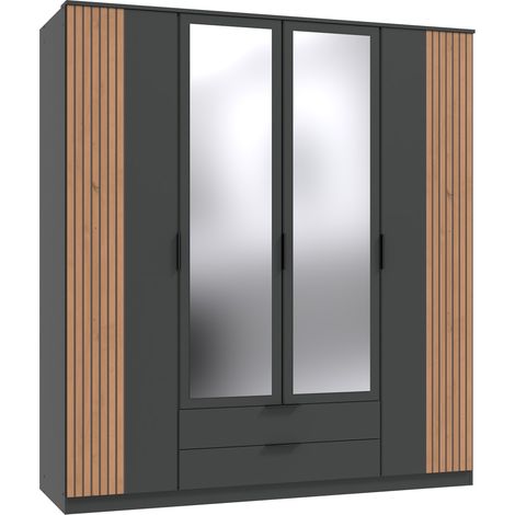 Armoire Placard avec 2 miroirs coloris graphite, rechampis imitation chêne artisan - Longueur 180 x Hauteur 199 x Profondeur 58 cm (1/2)