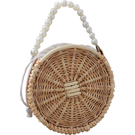 Umweltfreundlicher Vintage-Strohkorb Maße: 20 x 8 cm, 19 x 12,5 cm, 15 x 15 cm Aus natürlichem Rattan Mit Perlen und Holzgriff Elegante Strandtasche für besondere Anlässe (1/5)