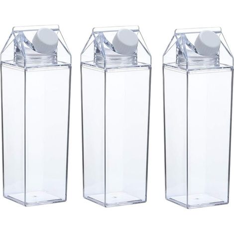 Set of 3 clear square cardboard milk water bottles, milk bottles, leak-proof plastic cups