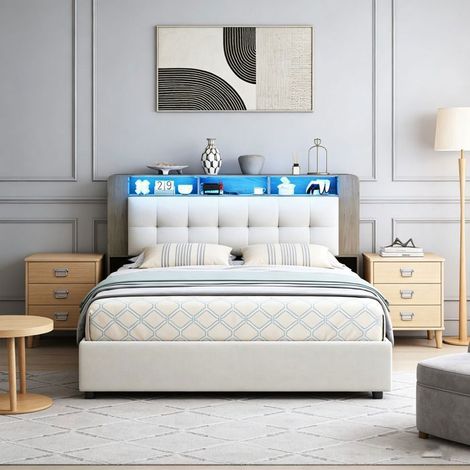 Letto contenitore 140x190 - POCKETPOP - Velluto bianco sporco - Con rete - illuminazione LED - 2 posti
