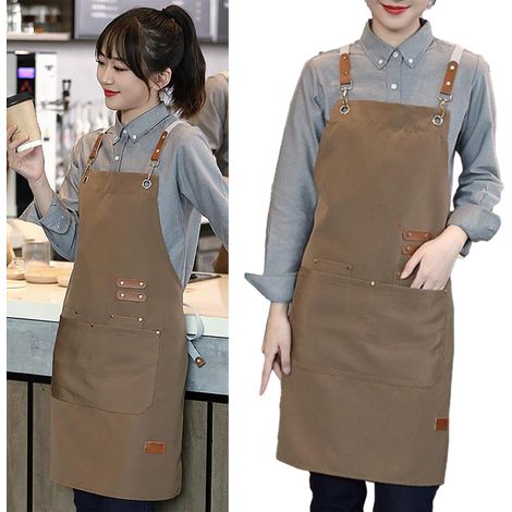 Tablier en toile imperméable avec bretelles réglables stylé confortable pour café salon de manucure boulangerie tablier de barista beige clair (1/5)