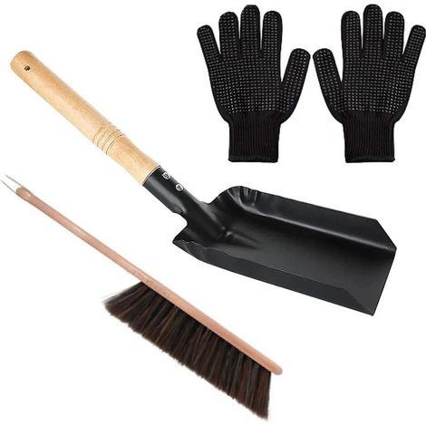 Kit de nettoyage de cheminée avec pelle, brosse de poêle à bois naturel, gant en Silicone noir, pelle de cheminée, ensemble de cuillères à cendres (1/5)