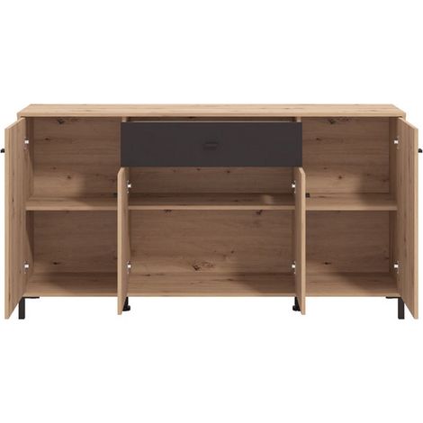 Sideboard Settime, Kommode mit 1 Schublade, 3 Regalen, Schwenk- und Schiebetüren, 170x40x90h cm, Wild-Eiche Braun