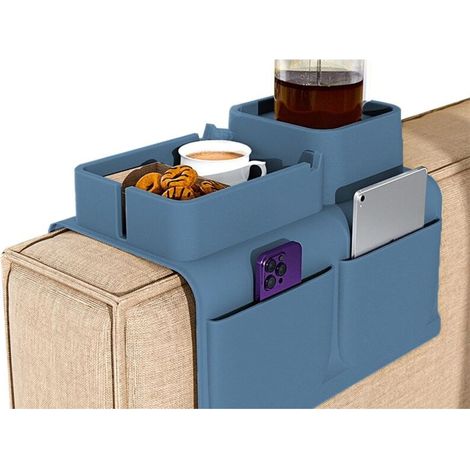 Plateau porte-gobelet pour canapé, plateau d'accoudoir avec porte-gobelet et poche latérale - Bleu
