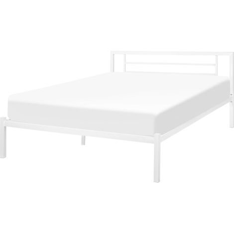 Bed Frame White Metal EU Double Size 4ft6 Solid Wood Slats Industrial Minimalist CUSSET