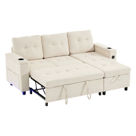 Sofá cama, sofá de 3 plazas con iluminación LED y puertos USB, 2 portavasos, compartimento de almacenamiento, beige (1/5)