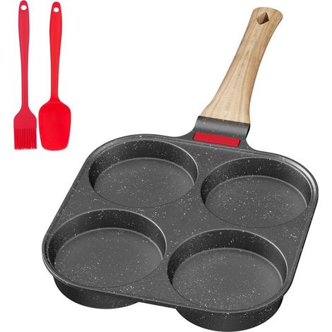 Pfannkuchenpfanne, 4-flammige Pfanne für Pfannkuchen und Omeletts mit abnehmbarem Griff, ideal für Spiegeleier zum Frühstück, geeignet für Gas- und Induktionsherde, grau, antihaftbeschichtetes Alumini (1/5)