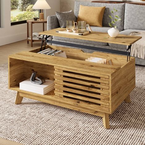 Table basse relevable 90 x 55 x 57,5 cm, coffre de rangement et porte coulissante ajouree, MDF, pour salon, bois naturel (1/5)