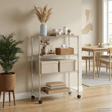 vidaXL 4-Tier Storage Shelf with Wheels 90x35x142 cm Chrome 200 kg
