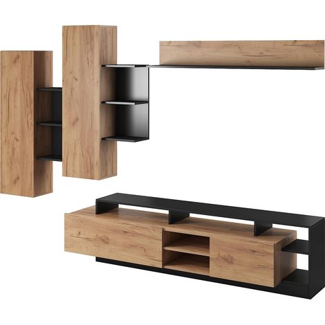Vente-Unique – Mur TV avec rangements 260 cm – 4 portes battantes – Panneau de particule mélaminé – Fixation murale – Coloris naturel et anthracite
