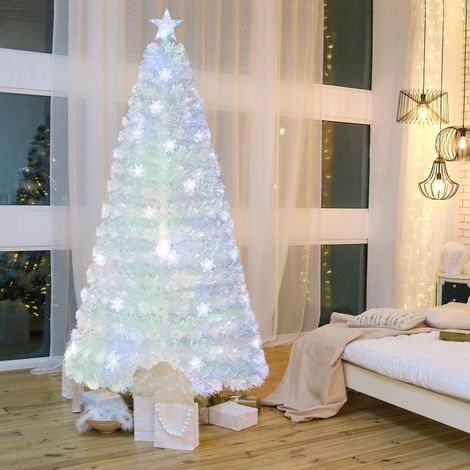 Montage facile sapin de Noël artificiel blanc 210 cm avec LED multicolores, fibre optique et étoile lumineuse (1/5)