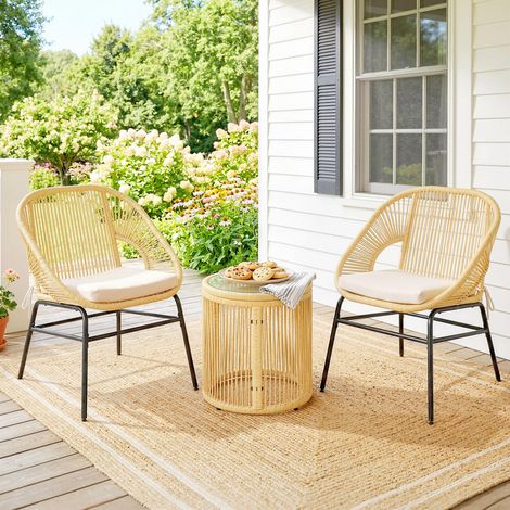 3-teiliges Bistro-Balkon-Lounge-Set mit 2 bequemen Sesseln und Tisch aus Sicherheitsglas mit abnehmbaren Kissen, Beige