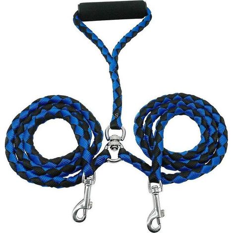 Un glisser deux laisse de chien à deux têtes laisse de chien pour animaux de compagnie corde à deux têtes( bleu) (1/5)