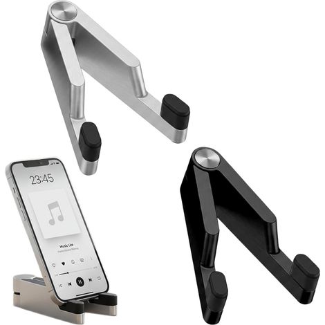Support Téléphone Bureau en Métal Pliable, Porte Smartphone en Forme de V Portable Repose Téléphone Réglable Universel Compatible avec iPhone, iPad, Samsung, Tablette (Noir et Argent) (1/5)