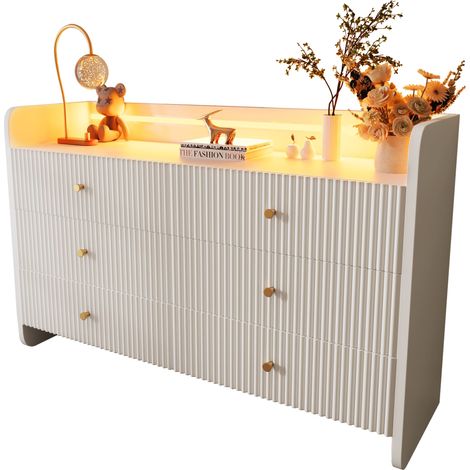 Buffet, commode avec éclairage LED et 6 tiroirs, design rainuré ondulé, meuble moderne pour salon et chambre, 120x40x75cm, blanc (1/5)
