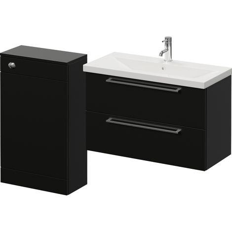 Napoli 390 Matt Black 1300mm Wall Mounted 2 Drawer Vanity Unit and Toilet Suite with Glide Basin - 1300mm - Chrome 480mm HandleWithout Kingston Toilet Pan