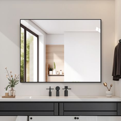 Specchio da bagno 70x90 cm con cornice in alluminio nero, specchio da parete HD senza rame, montabile sia in orizzontale che in verticale, ideale per bagno, corridoio e spogliatoio. (1/5)