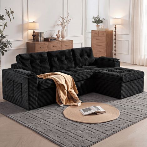 Fabulcozy Modulares Cordsofa, 210 cm, 3-Sitzer mit Fußstütze, ausziehbares Sofa mit Bettfunktion und Taschen (Schwarz) (1/5)