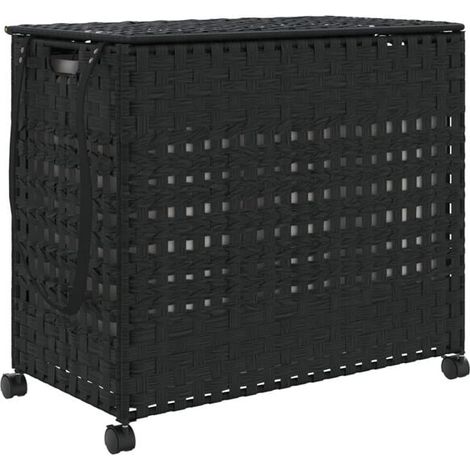 Panier à linge noir à roulettes, dimensions 66x35x60 cm, en résine tressée. (1/5)