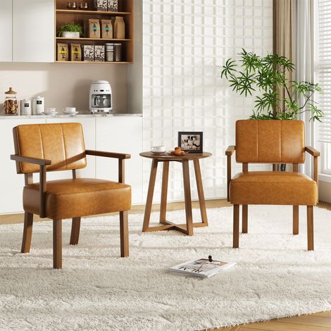 Fauteuil d'accent mid-century bois, cuir PU orange à rayures verticales (1/5)