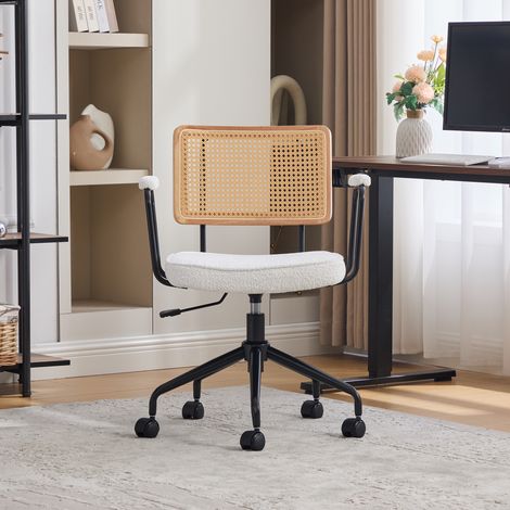 Fauteuil de travail rétro en rotin sur roulettes - Siège pivotant ajustable avec coussin en maille et cadre en bois pour espace de télétravail, pièce de vie - Couleur crème (1/5)