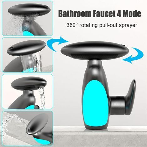 Black LED bathroom faucet, single-hole waterfall mixer tap with 360° swivel spout and 4-mode hand shower (1/4)