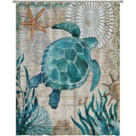 Vintage-Duschvorhang im maritimen Stil mit türkisblauem Schildkrötenmuster – fürs Badezimmer – 150 cm x 180 cm (1/4)